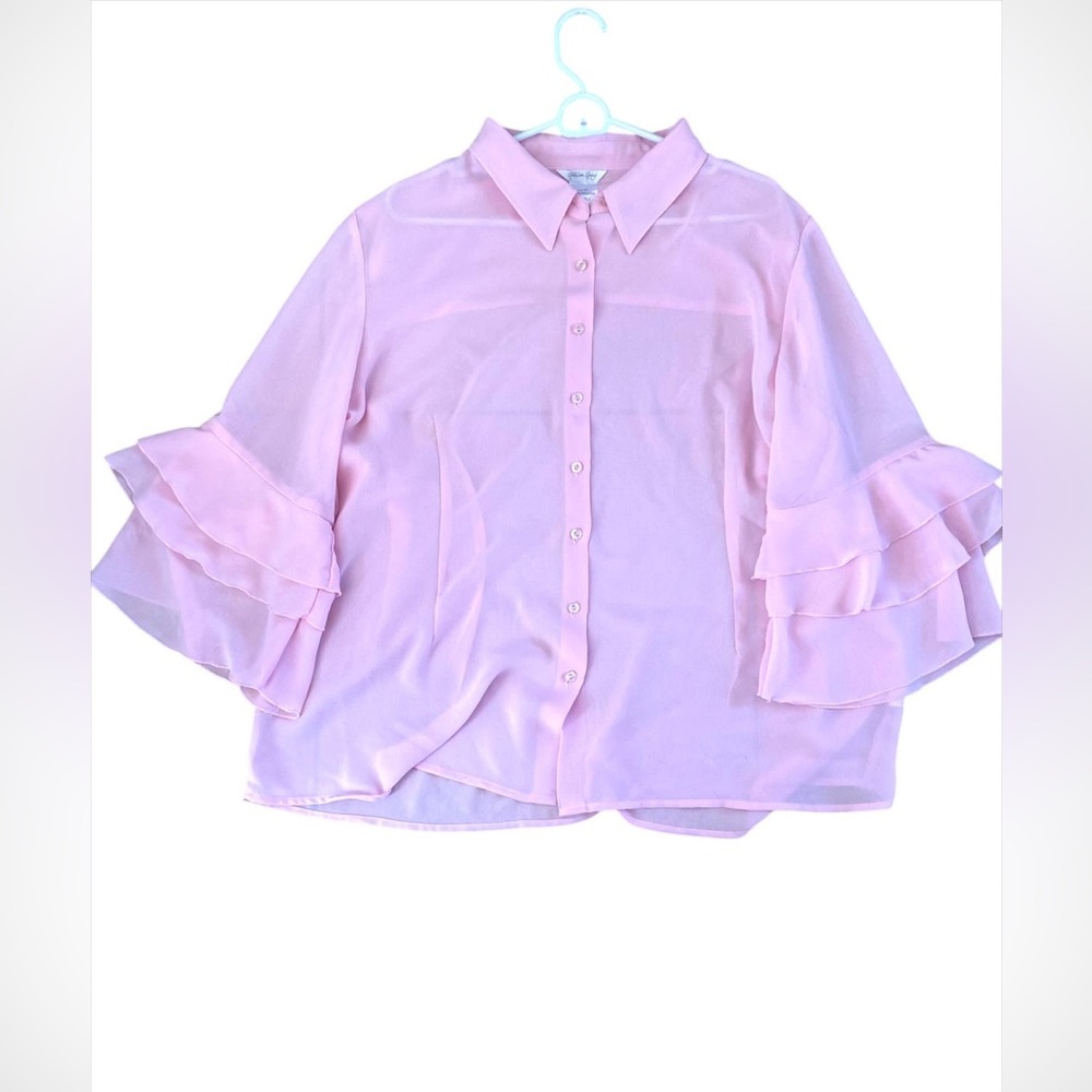 Pink Button Down Shirt with Ruffled Sleeves